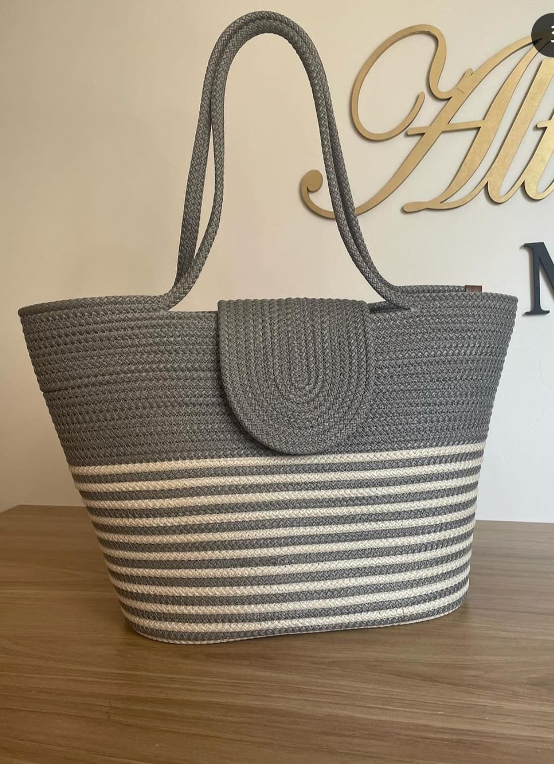 Grey Handwoven Cotton Tote Bag for Women | Minimal Striped Eco-Friendly Shoulder Bag - Image 2