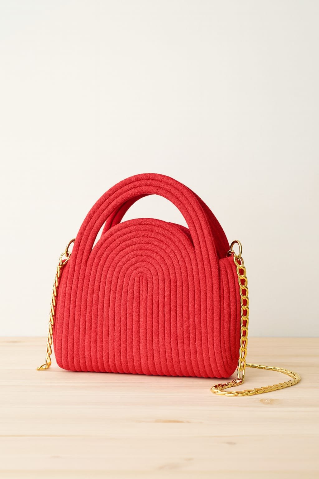 Red Handcrafted Cord Tote Bag for Women | Premium Statement Mini Handbag with Gold Chain