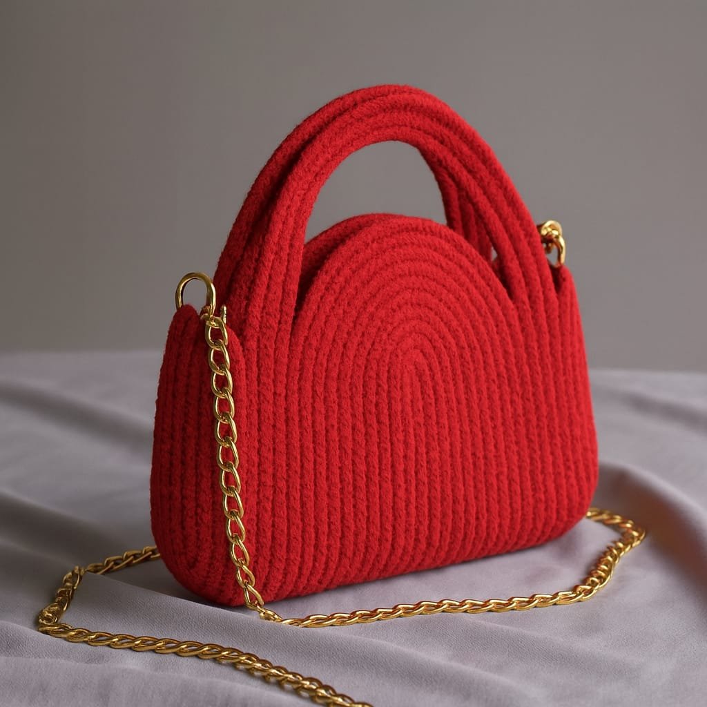 Red Handcrafted Cord Tote Bag for Women | Premium Statement Mini Handbag with Gold Chain - Image 2