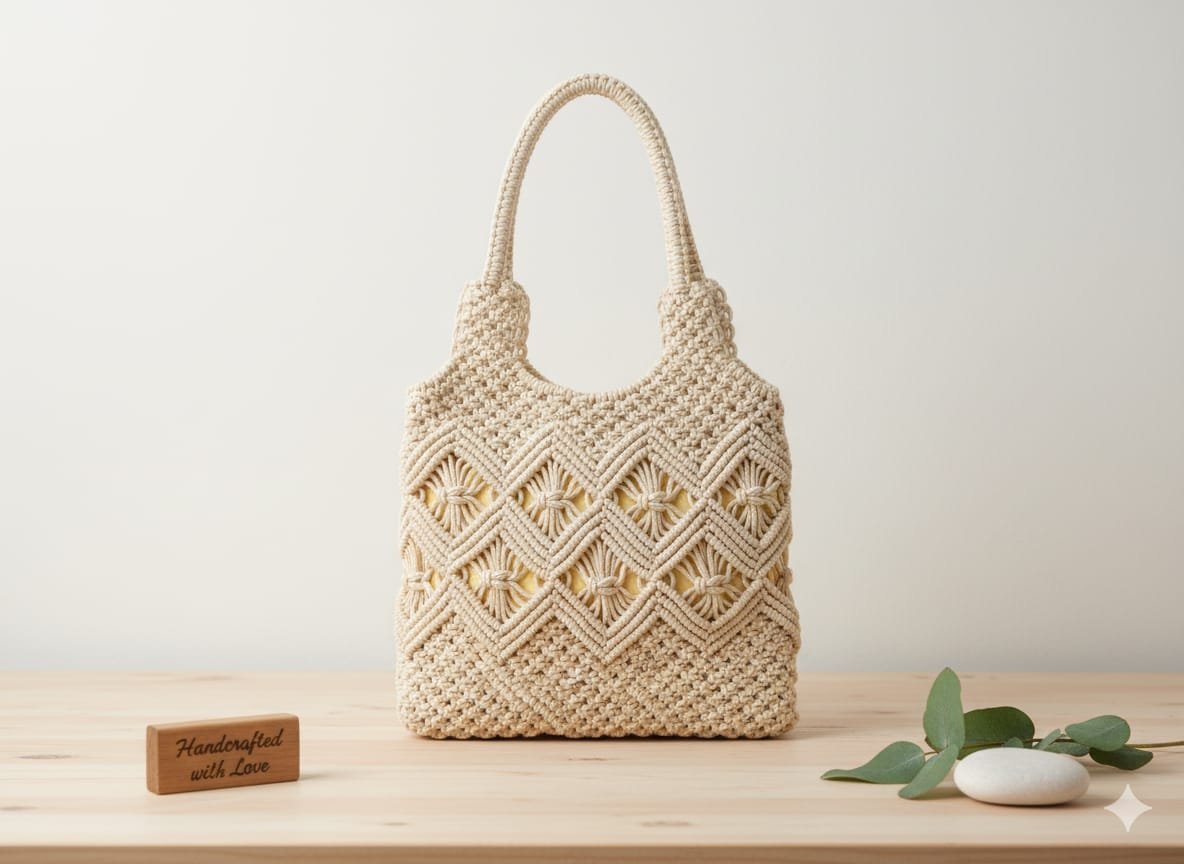 Handmade Natural Macramé Tote Bag for Women | Eco-Friendly Cotton Handbag with Artisan Design