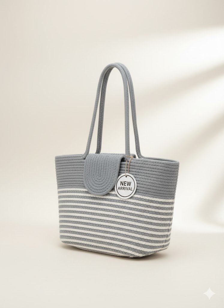Grey Handwoven Cotton Tote Bag for Women | Minimal Striped Eco-Friendly Shoulder Bag