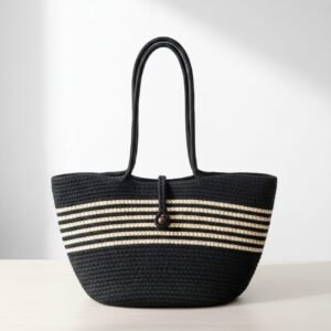Classic Black & Beige Striped Jute Handbag
