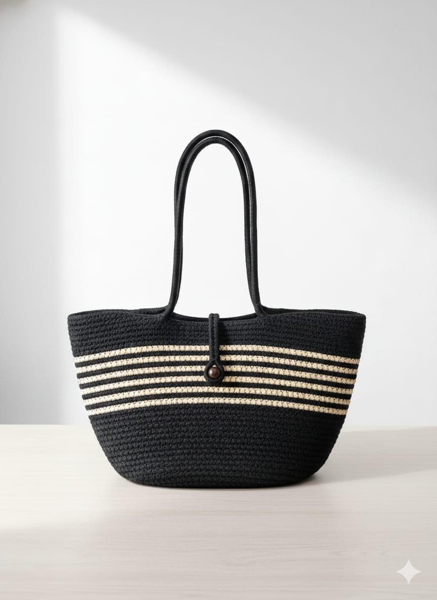 Classic Black & Beige Striped Jute Handbag
